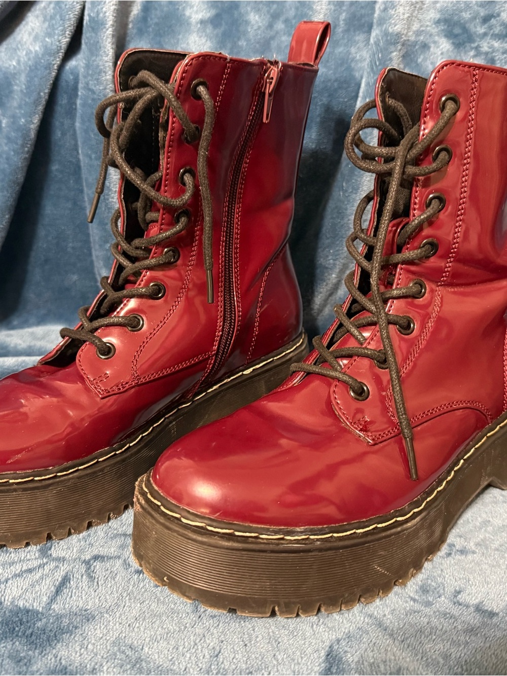 UNIONBAY Red Gloss Platform Lace-Up Combat Boots